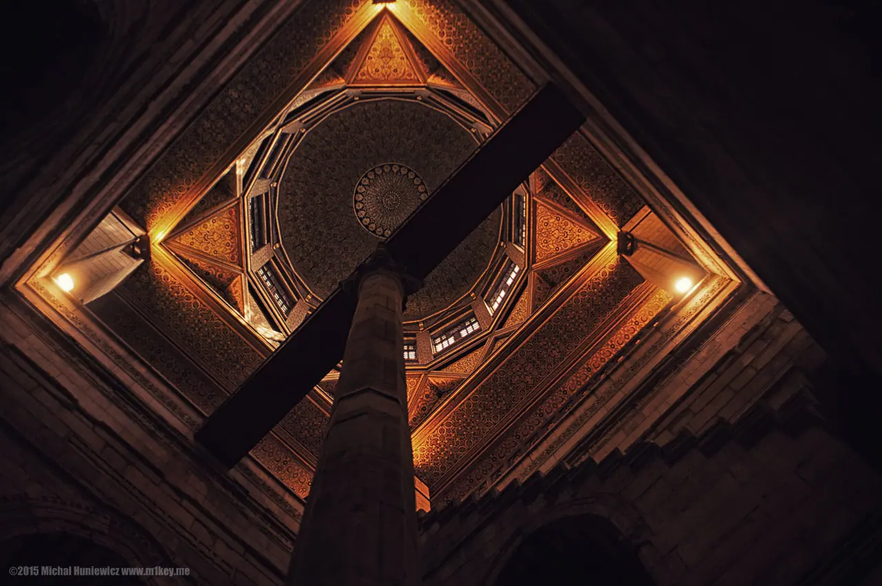 View upward into a decorated wooden ceiling in historic Cairo